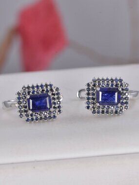 Natural Blue Sapphire Double Halo Hoop Earrings 925 Sterling Silver